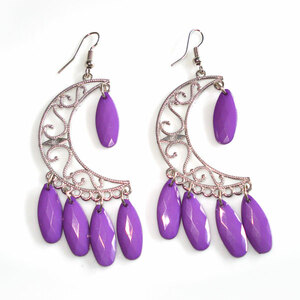 Moon-shaped chandelier earrings with purple elongated beads