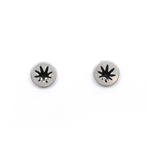 Mens 316L Stainless steel stud magnetic clip-on earrings, 8 mm silver and black hemp leaf, sold as a pair