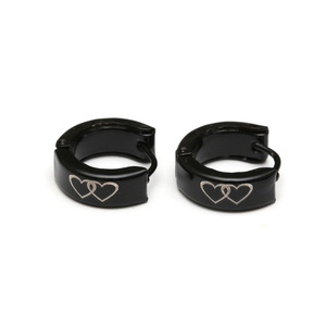 Mens 316L Stainless steel huggie hoop earrings punk style, black colour with double heart, sold as a pair
