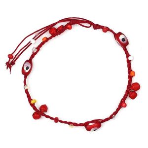 Handmade Red Wooden Beads and Bells Wax Cord Anklet