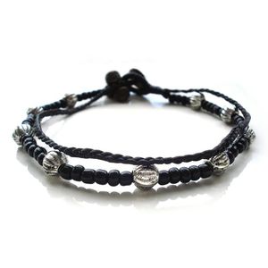 Handmade double string wax cord with black and silver tone beads anklet (25 cm)