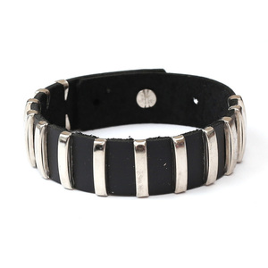 Unisex black striped leather bracelet with stainless steel ideal for men and women