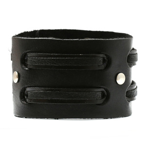 Handmade black leather bracelet with twin line