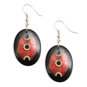 Black and red oval resin with shell and bamboo inlaid handmade drop earrings