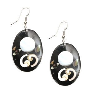 Handmade black oval resin with circle and swirl shell inlaid drop earrings