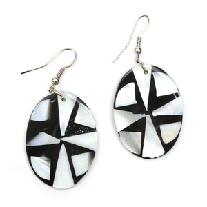 Handmade black oval resin with white triangle shell inlaid drop earrings