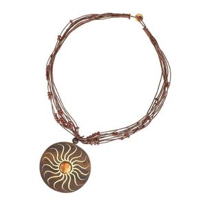 Handmade Sun Motif on Brown Wooden Disc with Bead and Cord Pendant Necklace