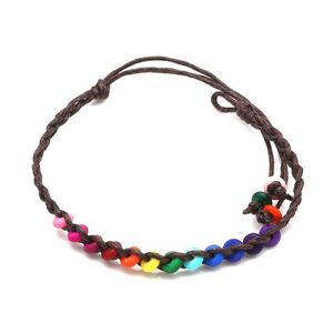 Handmade rainbow wooden beads with brown adjustable wax cord bracelet 