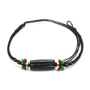 Handmade black wooden tube beads braided adjustable wax cord bracelet 