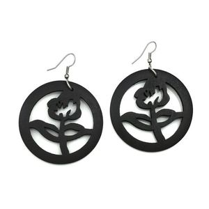 Dark Brown Flower Cut Out Design Wooden Hoop Drop Earrings