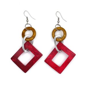 Red Rectangle Coconut Shell with Yellow Hoop and Silver-tone Oval Drop Earrings