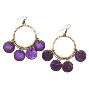 Vintage Brass Hoop with Purple Coconut Shell Discs Drop Earrings