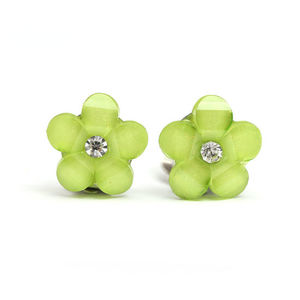 Green flower with rhinestone clip-on earrings