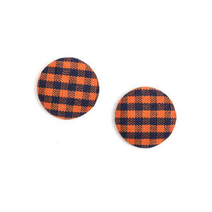 Orange gingham fabric covered button clip-on earrings