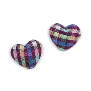 Blue green pink tartan fabric covered heart button clip-on earrings