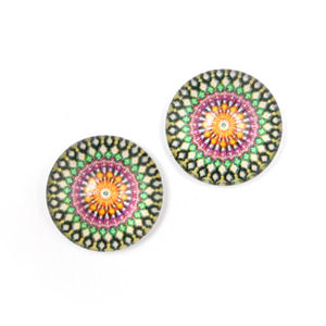 Green and pink geometric flower printed glass round button clip-on earrings