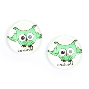 Confused green owl printed glass round button with gold-tone clip earrings