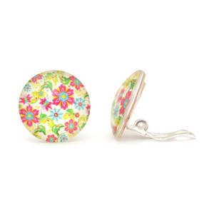 Flower Pattern Print, Glas Cabochon Clip-ons