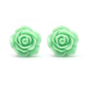 Aquamarine colour rose flower clip on earrings