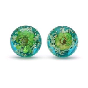 Green Real Flower Dome Resin Clip On Earrings