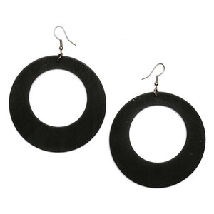 Black large round wooden hoop dangle earrings