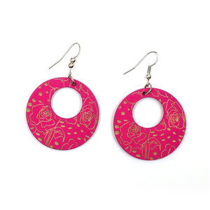 Hot pink roses engraved wooden dangle earrings