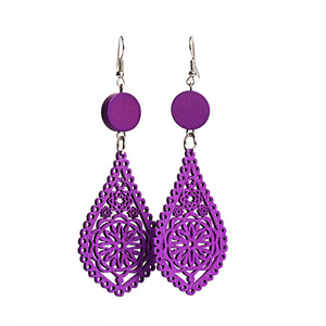 Purple filigree teardrop artistic cut out design wooden dangle earrings