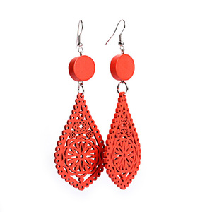Red filigree teardrop artistic cut out design wooden dangle earrings