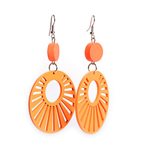 Orange sunbeams cut out design wooden hoop drop earrings