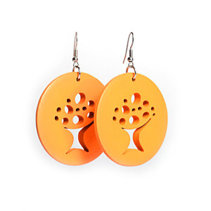Orange Tree of Life cut out design wooden hoop drop earrings