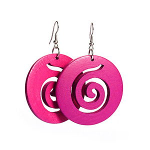 Fuchsia spiral cut out design wooden hoop drop earrings