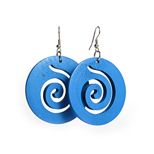 Blue spiral cut out design wooden hoop drop earrings