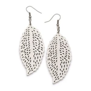 White Filigree Leaf Cut Out Design Wooden Drop Earrings