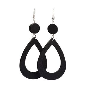 Black Open Pear-Shaped Wooden Drop Earrings