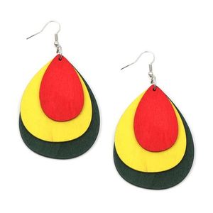 Red Yellow Wooden Layered Teardrop Dangle Earrings