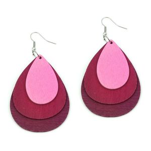 Pink Wooden Layered Teardrop Dangle Earrings