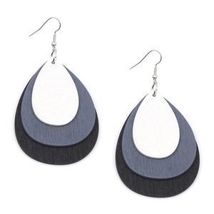 White Gray Wooden Layered Teardrop Dangle Earrings