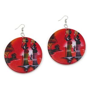 Large Red Ethnic Wooden Disc Drop Earrings, White Back