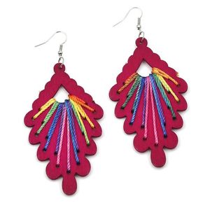 Fuchsia Wooden Leaf with Rainbow Thread Drop Earrings