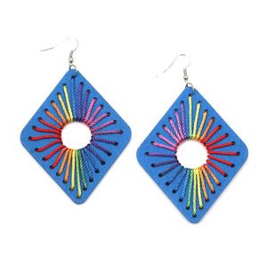 Blue Wooden Diamond Shaped with Rainbow Thread Drop Earrings