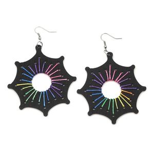 Black Wooden Spiderweb with Rainbow Thread Drop Earrings