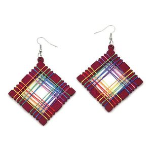 Fuchsia Wooden Diamond Shaped with Rainbow Thread Drop Earrings