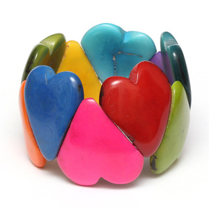 Handmade multicoloured heart shape tagua elasticated bracelet