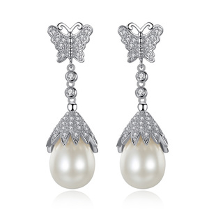 White Gold Plated Micro Pave Set Cubic Zirconia Butterfly with Simulated Teardrop Pearl Drop Stud Earrings