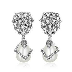 Elegant White Gold Plated Simulated Teardrop Pearl with Cubic Zirconia Drop Stud Earrings