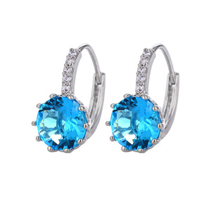 Round Simulated Blue Topaz CZ Crystal White Goldplated Hoop Earrings