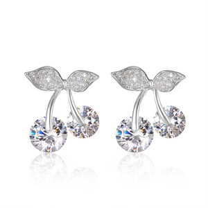 White Gold Plated Simulated Diamond CZ Cherries with Crystal Pave Leaf Stud Earrings