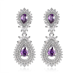 White Gold Plated Simulated Amethyst Cubic Zirconia Crystal Pave Teardrop Chandelier Stud Earrings