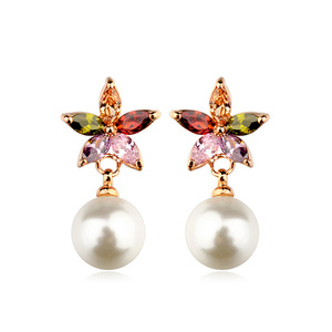 Rose Gold Plated White Simulated Pearl and Multicoloured CZ Flower