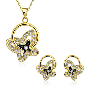 18ct gold plated with cubic zirconia butterfly and circle earrings and necklace jewellery set
